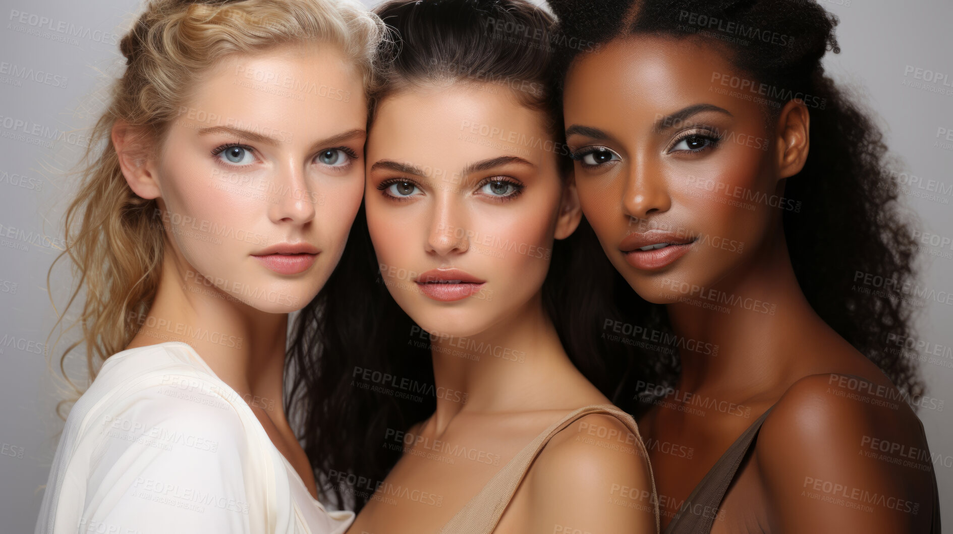 Buy stock photo Portrait of attractive models posing. Make-up, smooth skin. Natural light. Fashion concept