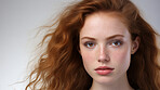 Portrait of model. Make-up, freckle skin. Natural light. Fashion, editorial concept.