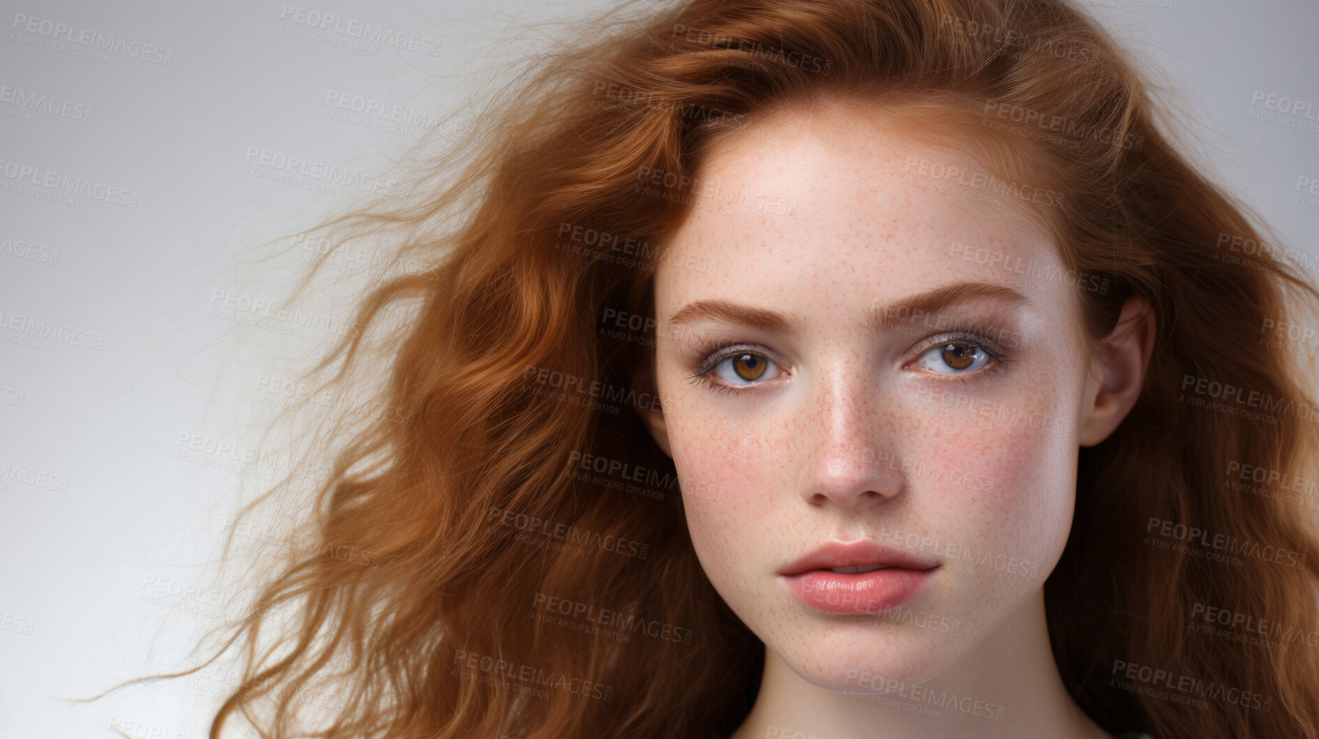 Buy stock photo Portrait of model. Make-up, freckle skin. Natural light. Fashion, editorial concept.