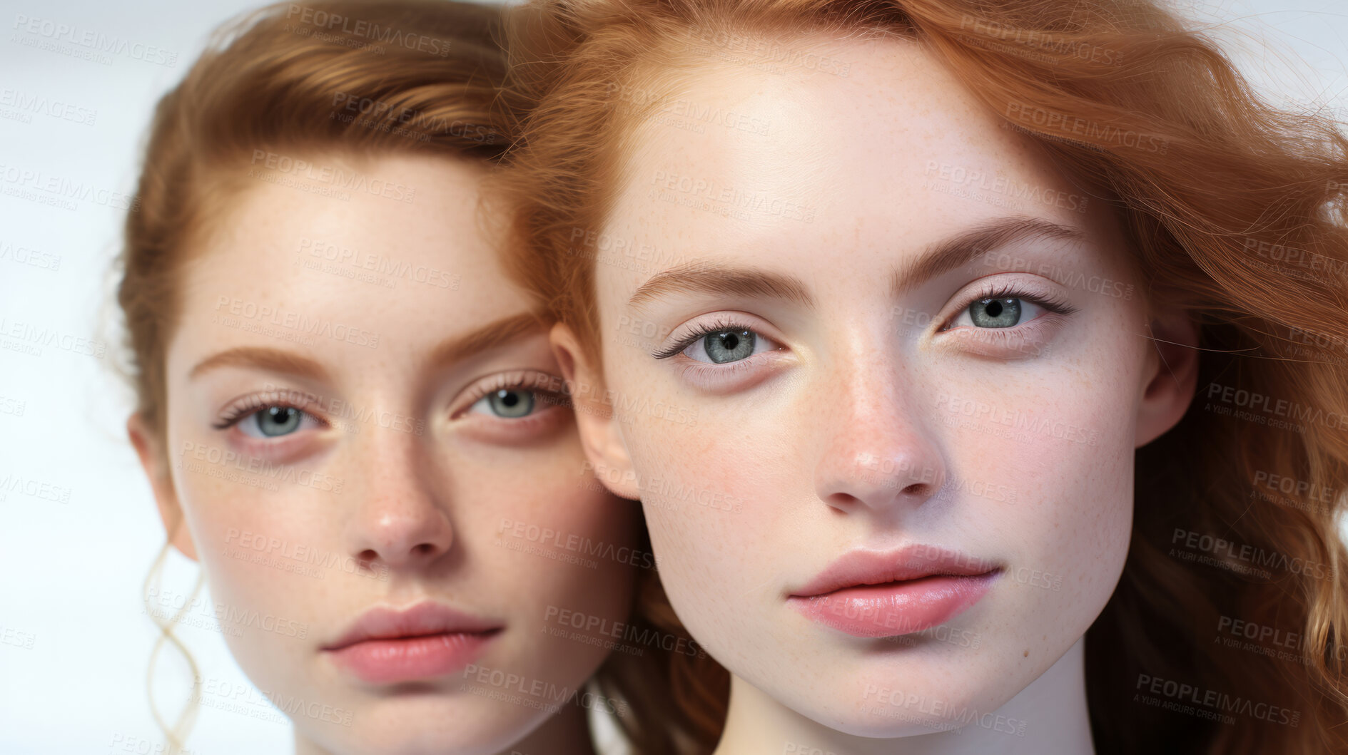 Buy stock photo Close-up portrait of two models. Make-up, freckle skin. Natural light. Fashion, editorial concept.