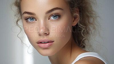 Buy stock photo Close-up of attractive model. Make-up, smooth skin. Natural light. Fashion, editorial concept.