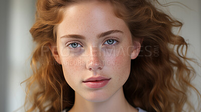 Close-up of red-head model. Make-up, smooth skin. Natural light. Fashion, editorial concept.