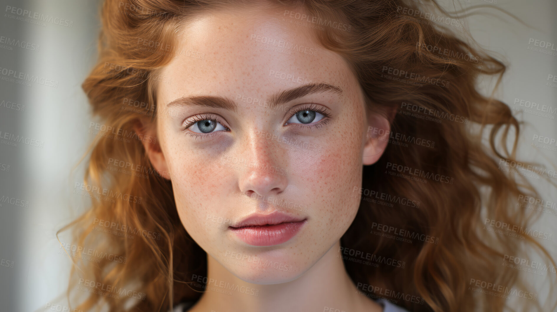 Buy stock photo Close-up of red-head model. Make-up, smooth skin. Natural light. Fashion, editorial concept.