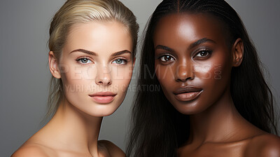 Beauty portrait of two women posing. Clear backdrop. Fashion, editorial concept.