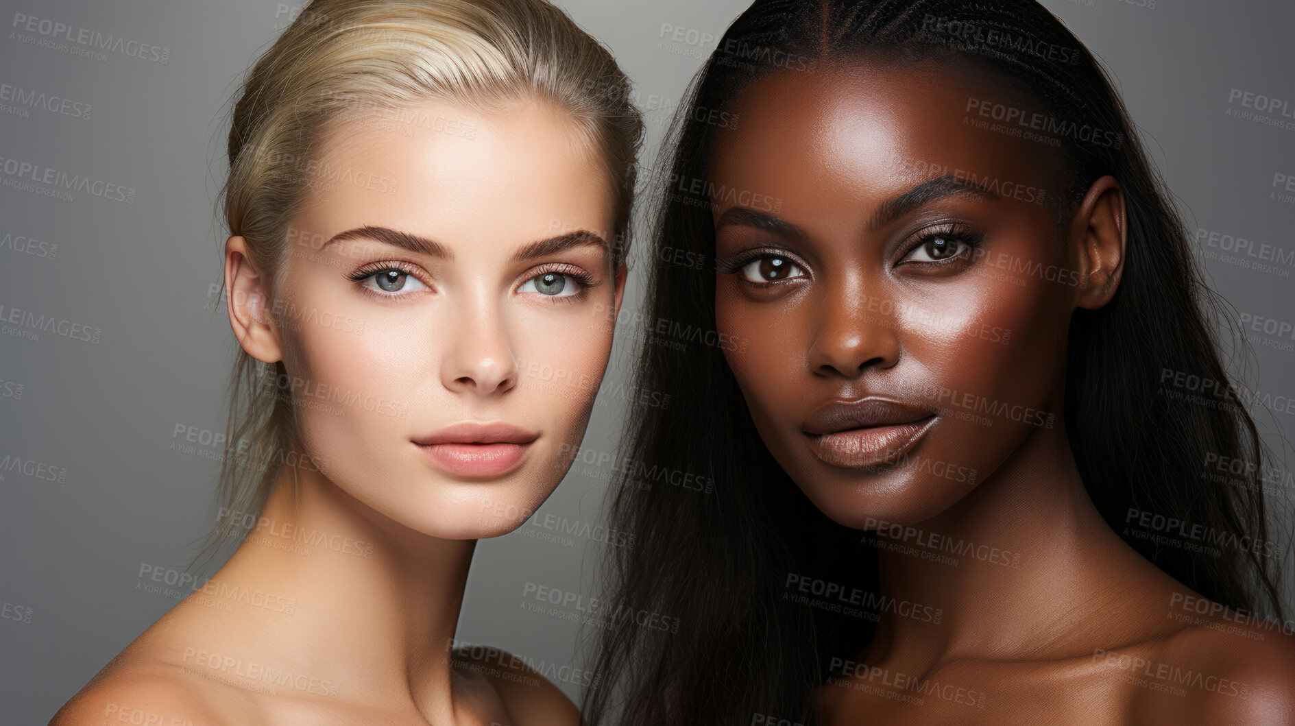 Buy stock photo Beauty portrait of two women posing. Clear backdrop.  Fashion, editorial concept.