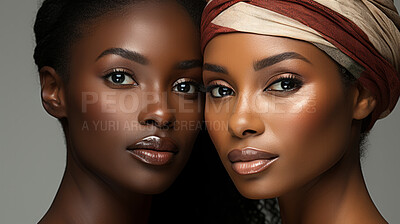 Beauty portrait of two women posing. Clear backdrop. Fashion, editorial concept.