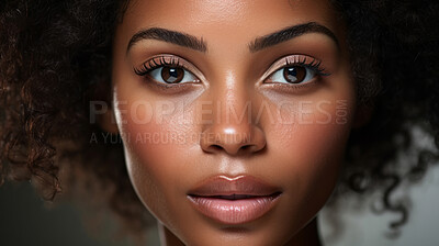 Close-up of african model. Make-up, smooth skin, curly hair. Fashion, editorial concept.