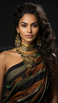 Buy stock photo Portrait of attractive indian woman with traditional accessories. Fashion, editorial concept.