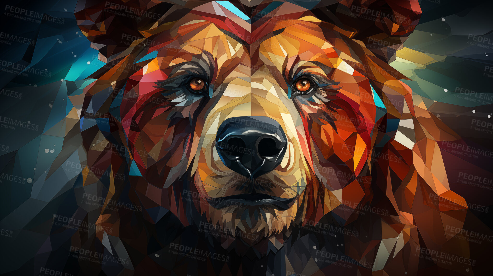 Buy stock photo Colourful geometric illustration of a bear. Poly graphic on black background.