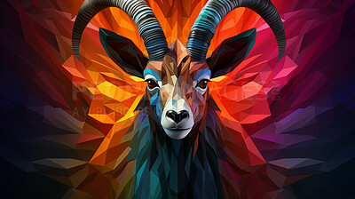 Colourful geometric illustration of a goat. Poly graphic on black background.