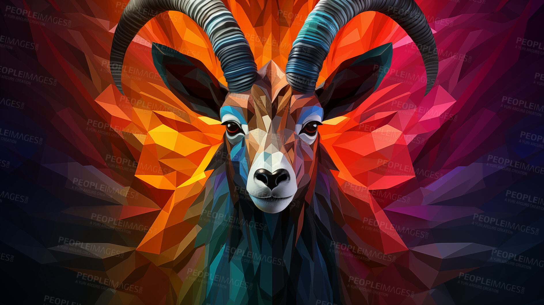 Buy stock photo Colourful geometric illustration of a goat. Poly graphic on black background.