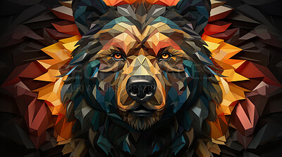 Colourful geometric illustration of a bear. Poly graphic on black background.