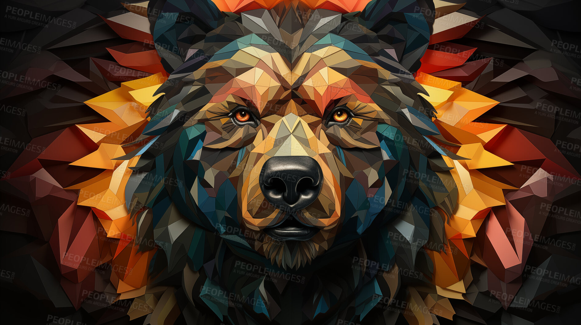 Buy stock photo Colourful geometric illustration of a bear. Poly graphic on black background.