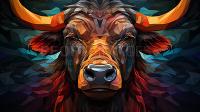 Colourful geometric illustration of a bull. Poly graphic on black background.