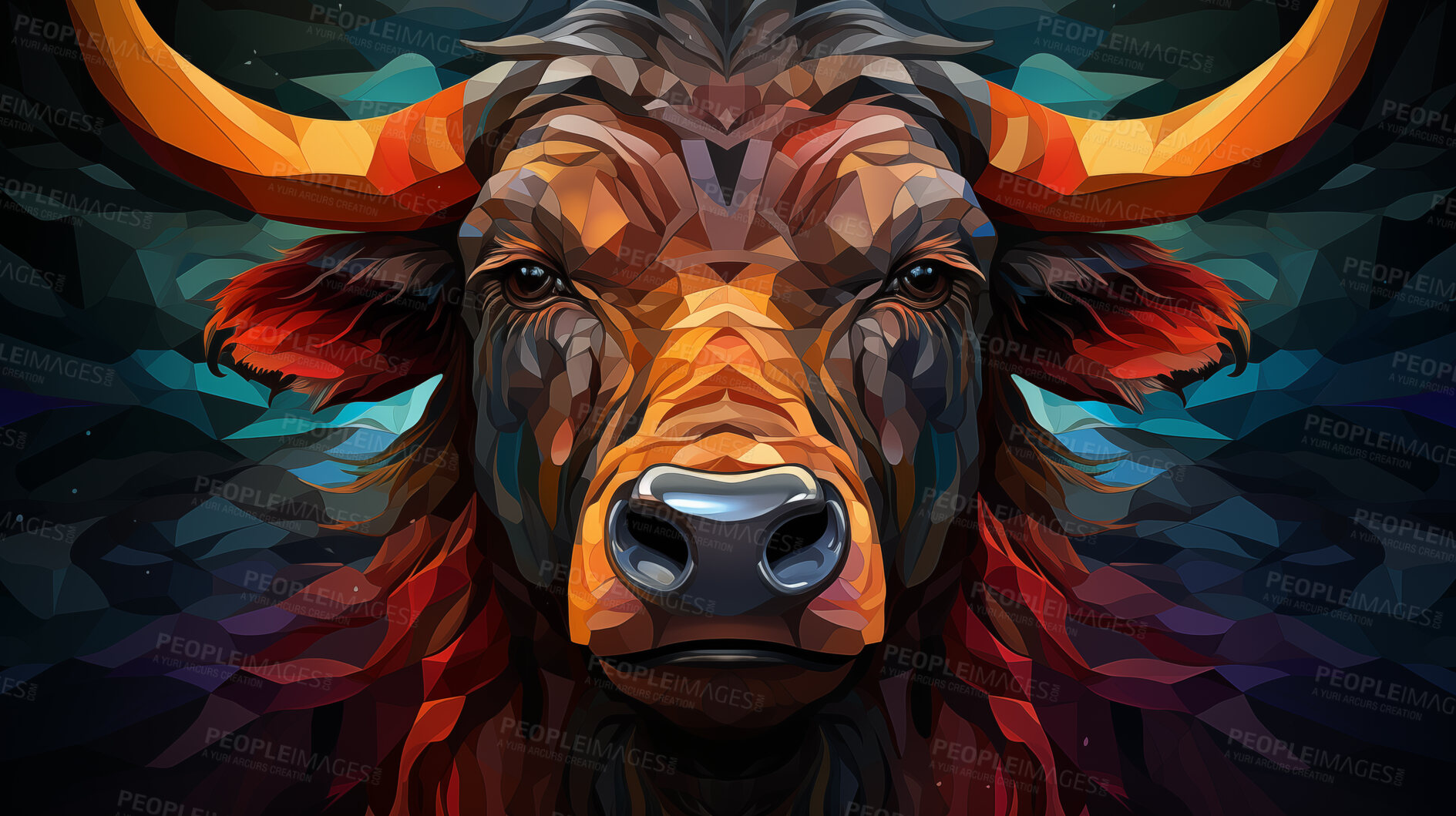 Buy stock photo Colourful geometric illustration of a bull. Poly graphic on black background.