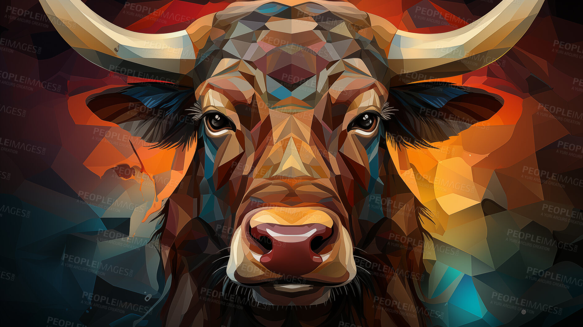 Buy stock photo Colourful geometric illustration of a bull. Poly graphic on black background.