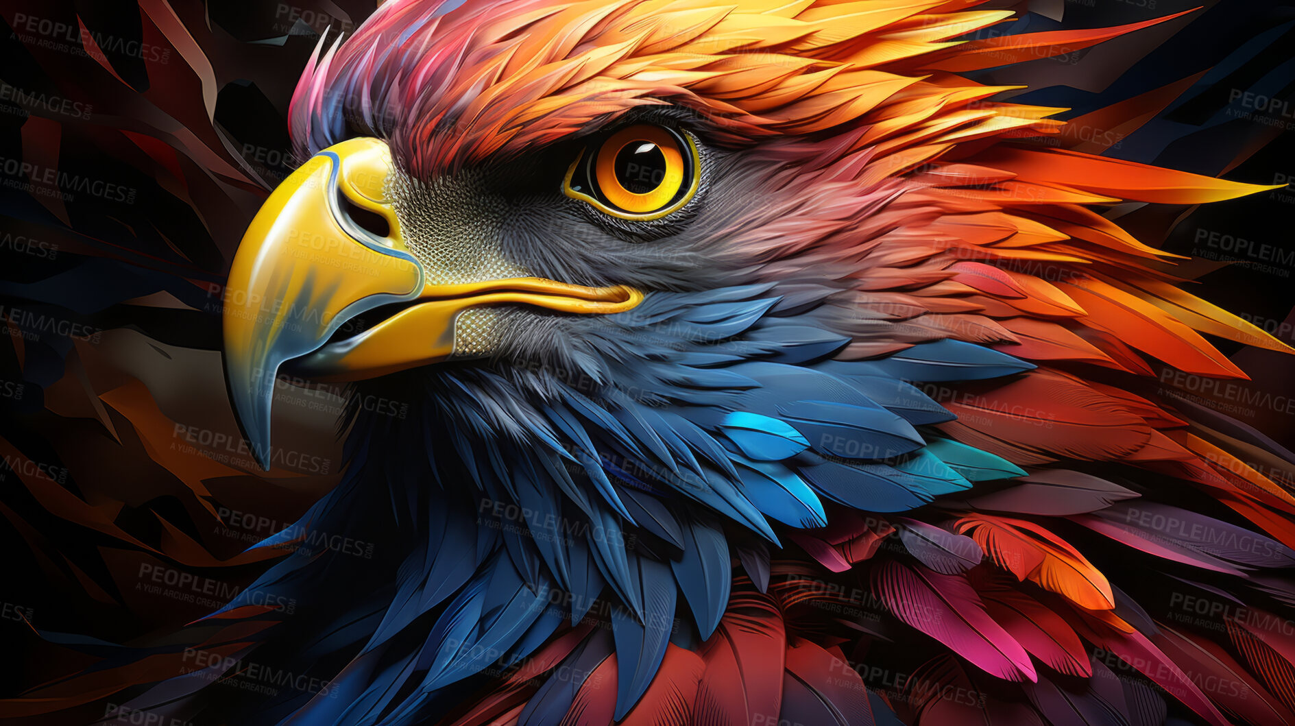 Buy stock photo Colourful geometric illustration of a eagle. Poly graphic on black background.