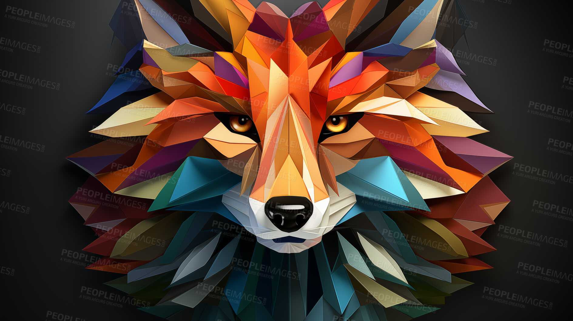 Buy stock photo Multicolor geometric illustration of a fox. Colourful poly graphic on black background.