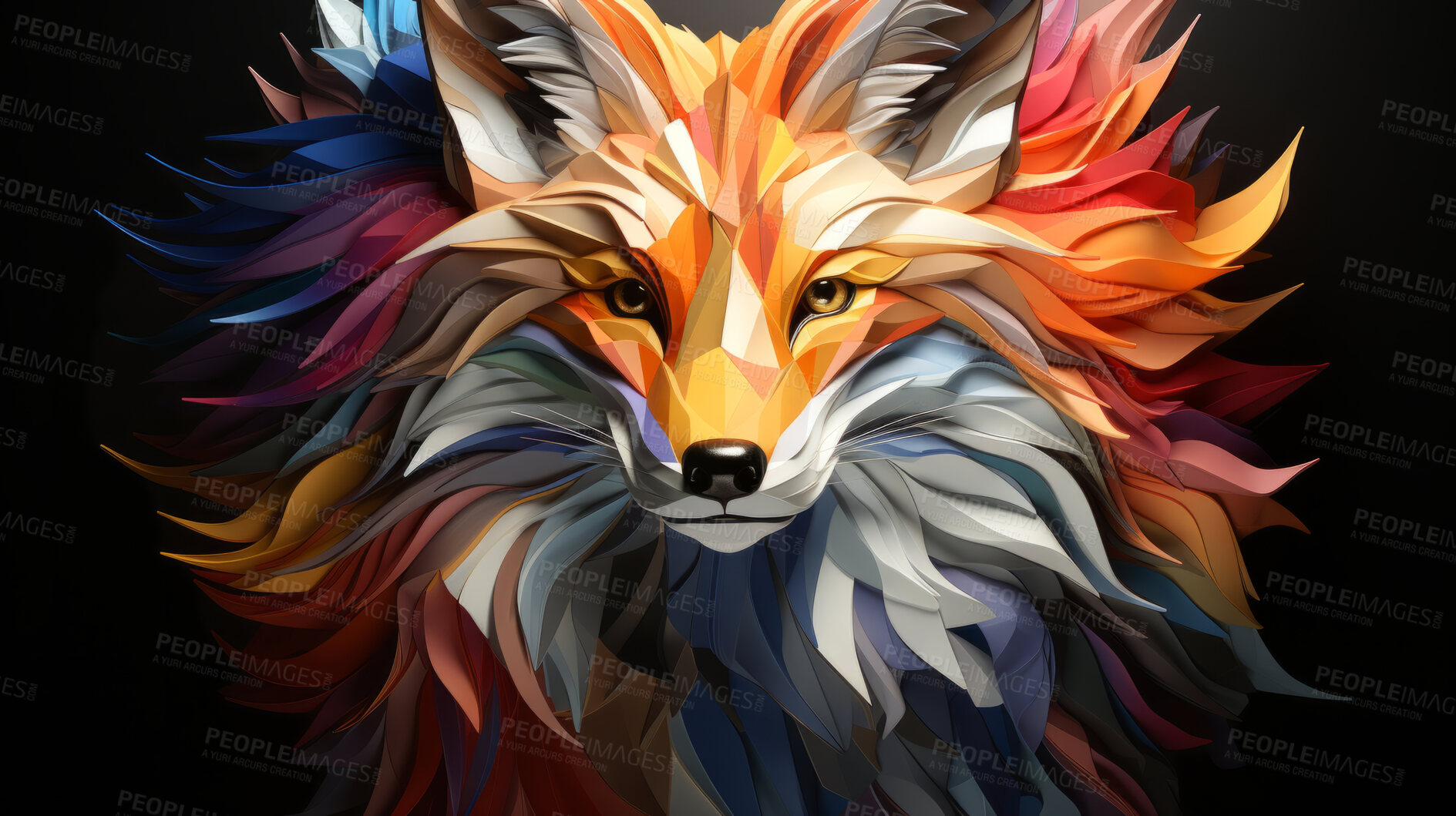 Buy stock photo Multicolor geometric illustration of a fox. Colourful poly graphic on black background.