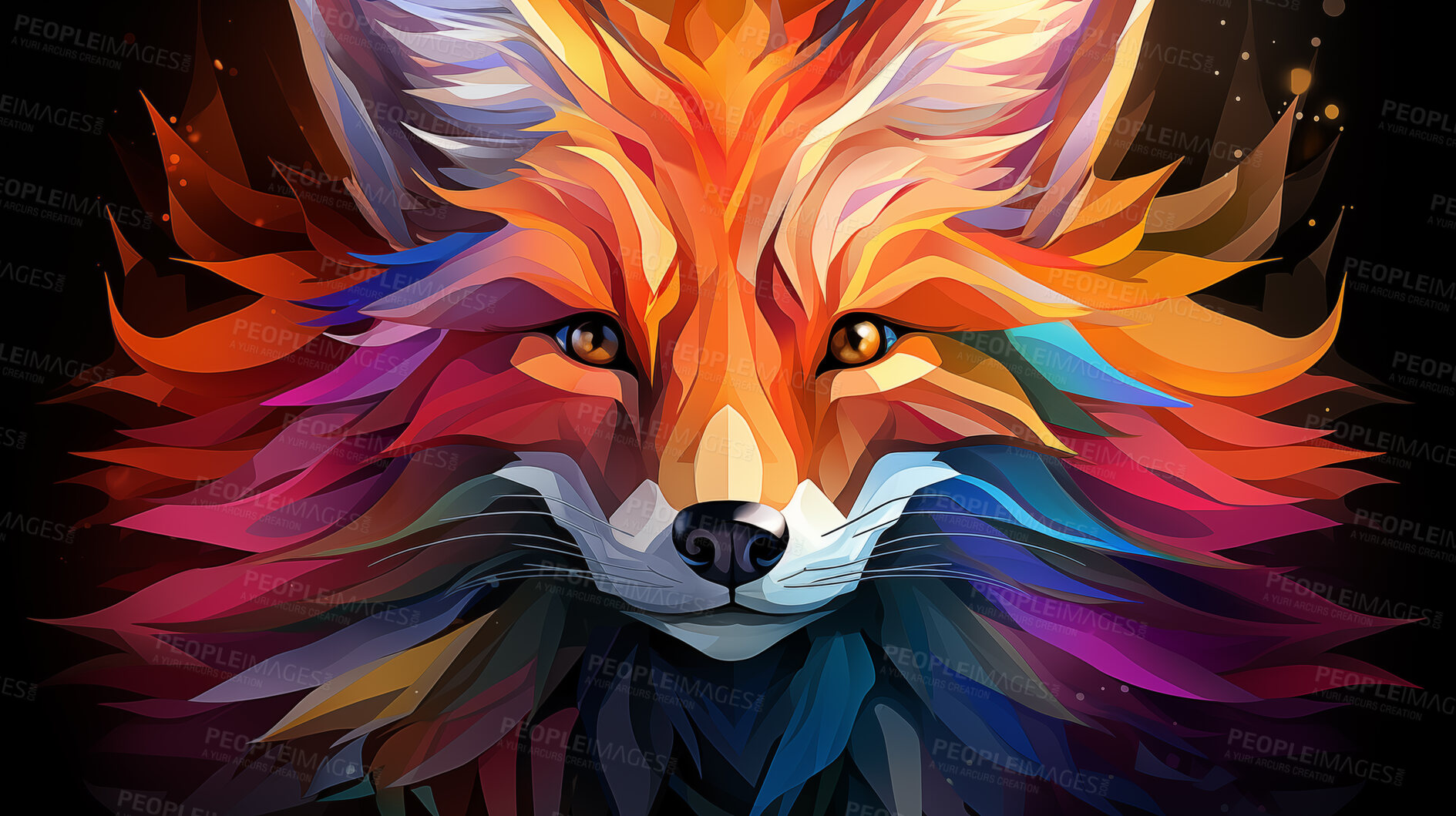 Buy stock photo Multicolor geometric illustration of a fox. Colourful poly graphic on black background.