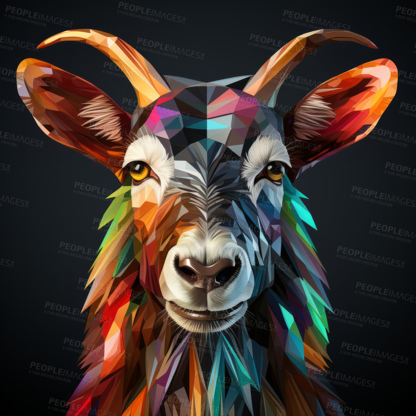 Buy stock photo Multicolor geometric illustration of a goat. Colourful poly graphic on black background.