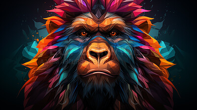 Multicolor geometric illustration of a gorilla. Colourful poly graphic on black background.