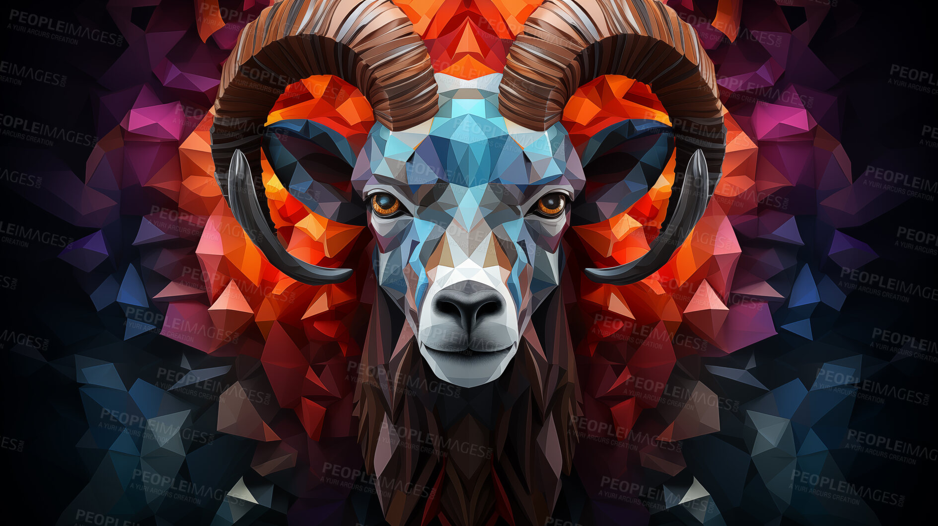 Buy stock photo Multicolor geometric illustration of a ram. Colourful poly graphic on black background.