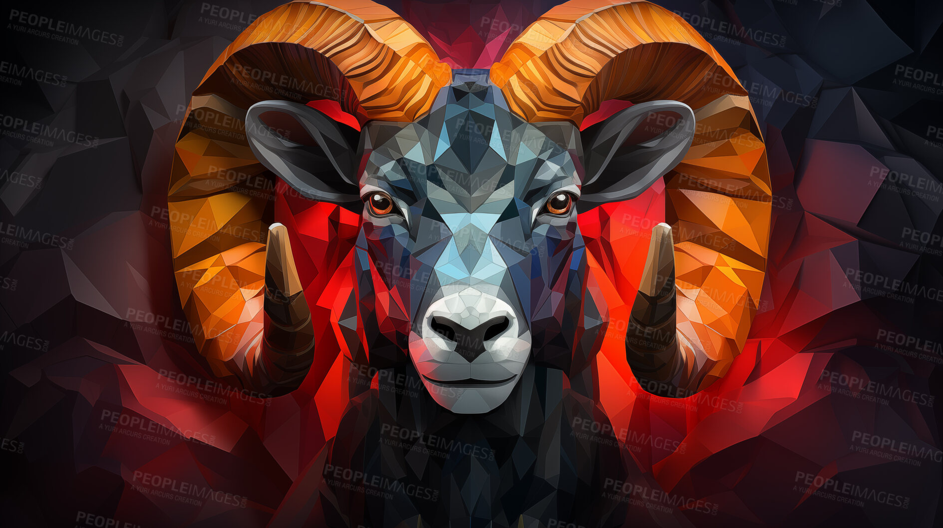 Buy stock photo Multicolor geometric illustration of a ram. Colourful poly graphic on black background.