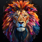 Multicolor geometric illustration of a lion. Colourful poly graphic on black background.