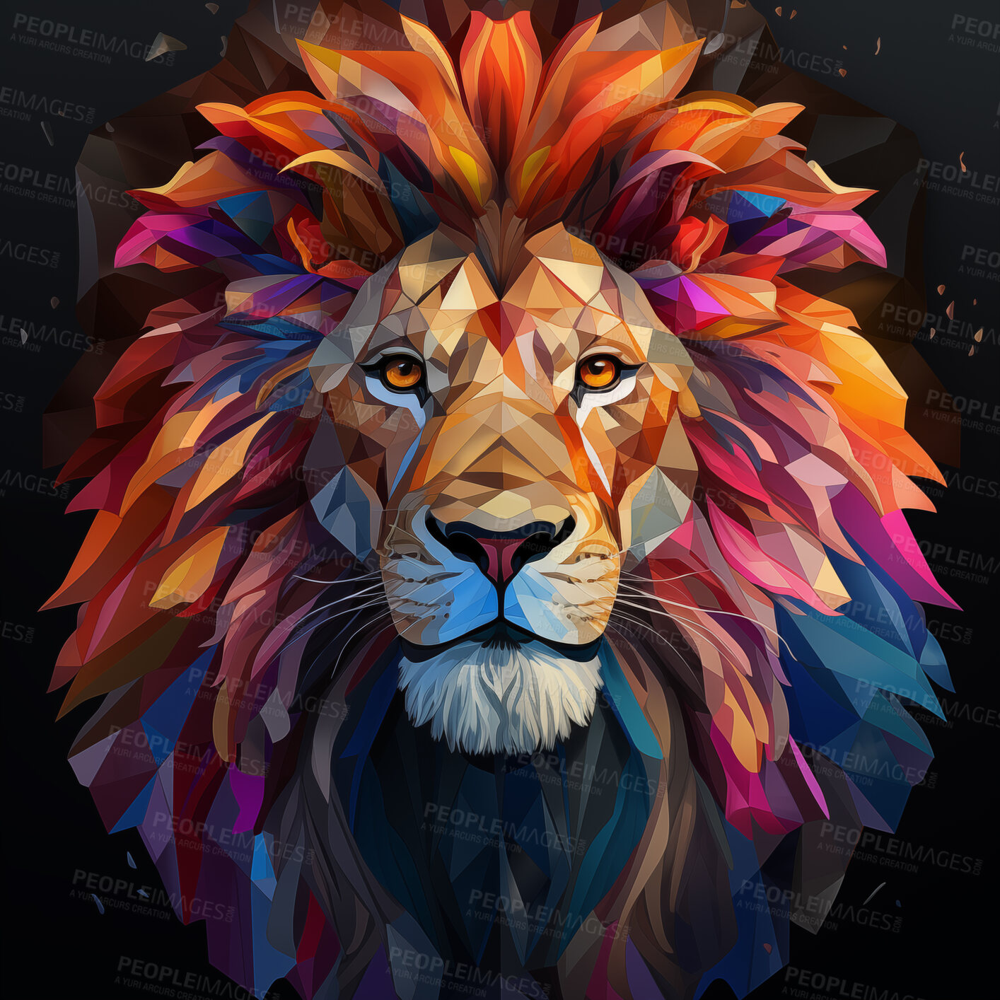 Buy stock photo Multicolor geometric illustration of a lion. Colourful poly graphic on black background.