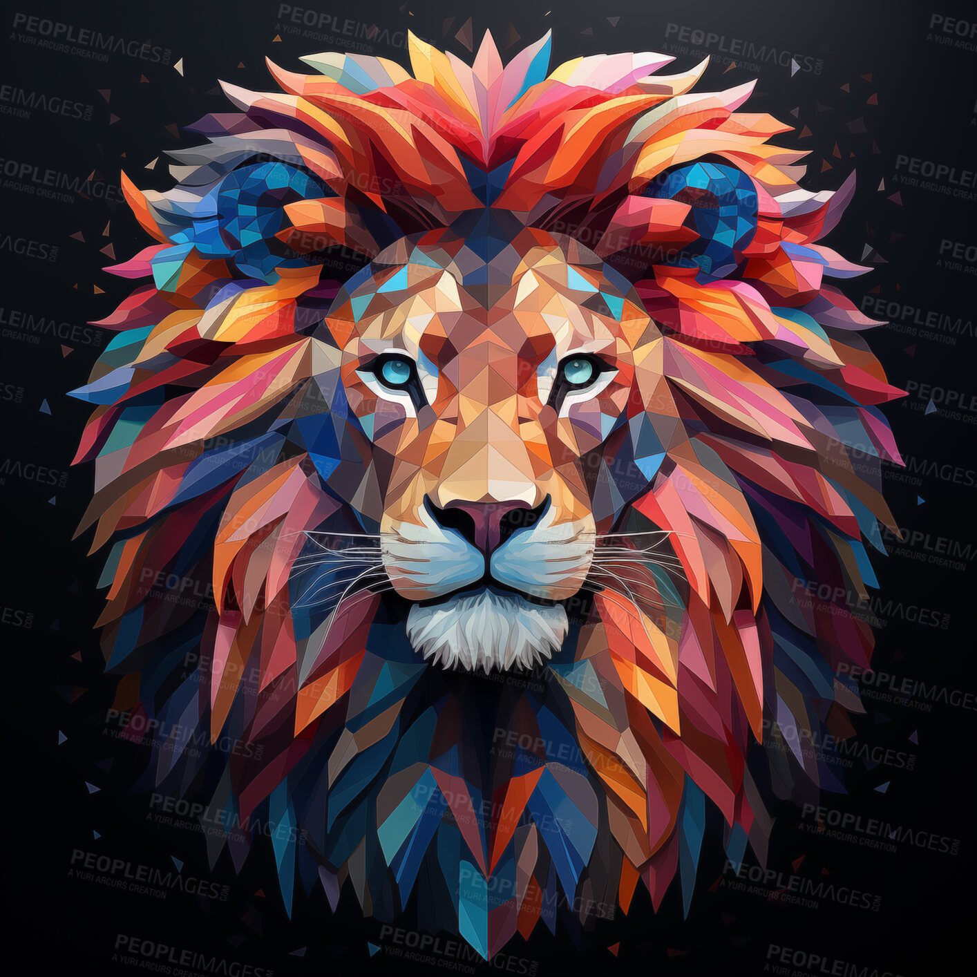 Buy stock photo Multicolor geometric illustration of a lion. Colourful poly graphic on black background.