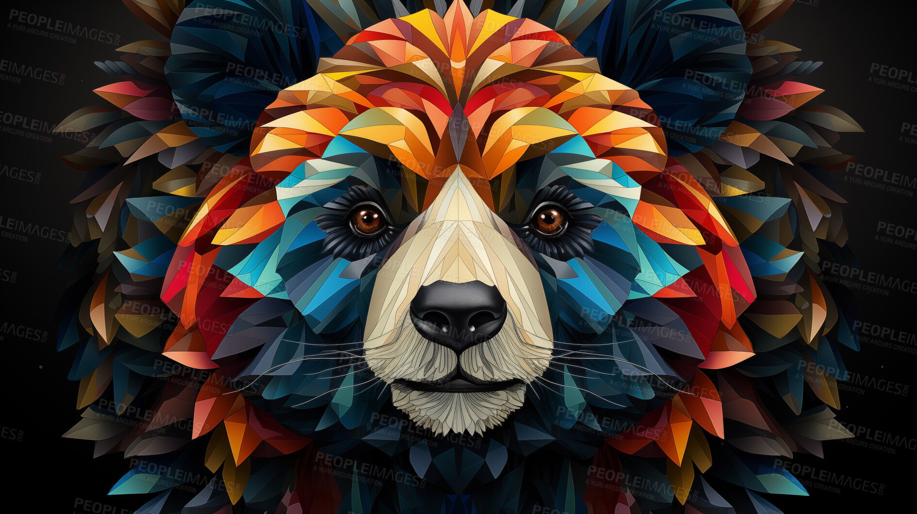 Buy stock photo Multicolor geometric illustration of a panda. Colourful poly graphic on black background.