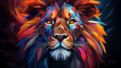 Colourful geometric illustration of a lion. Poly graphic on black background.