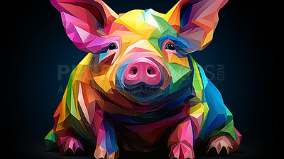 Colourful geometric illustration of a pig. Poly graphic on black background.