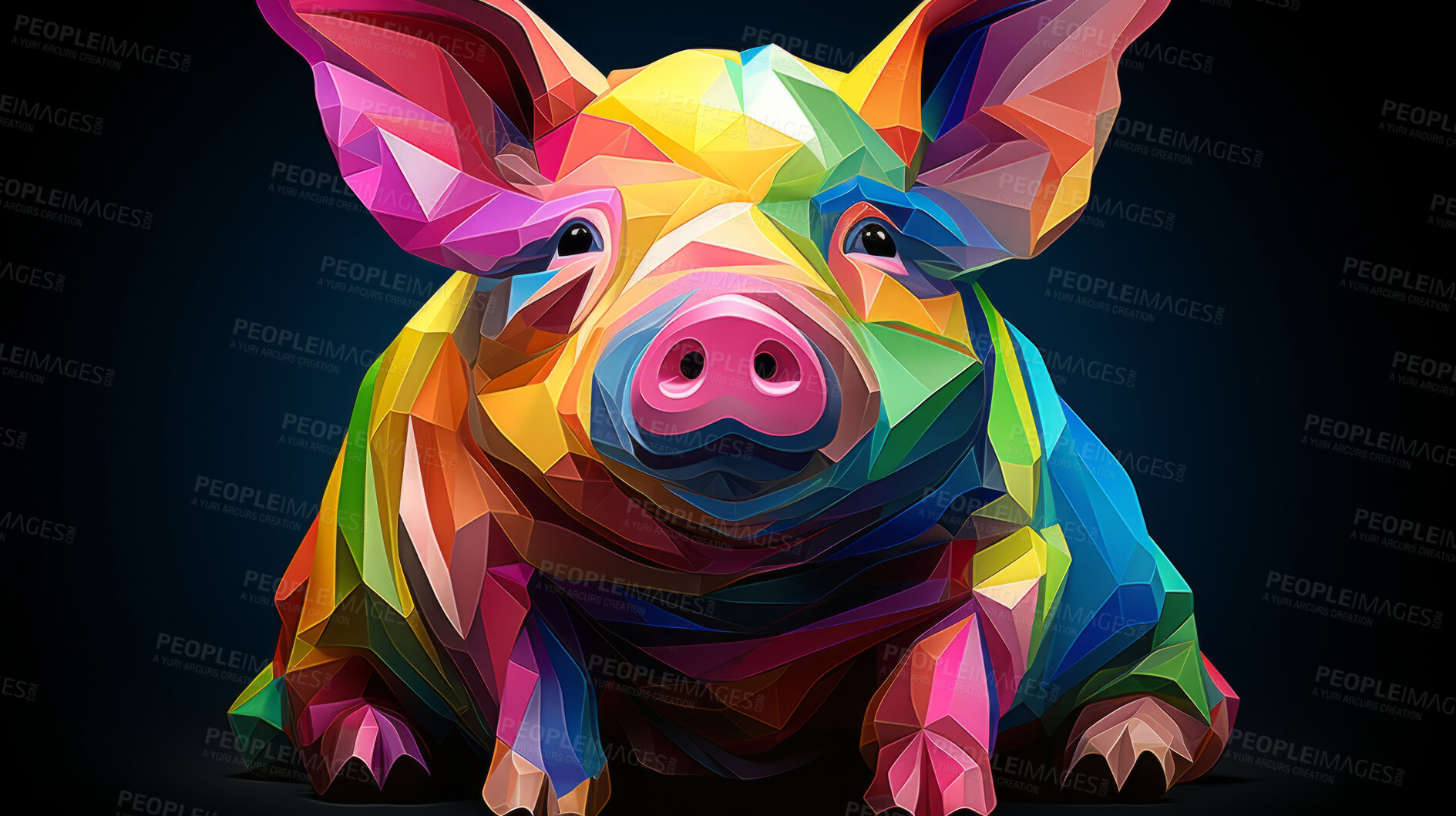 Buy stock photo Colourful  geometric illustration of a pig. Poly graphic on black background.