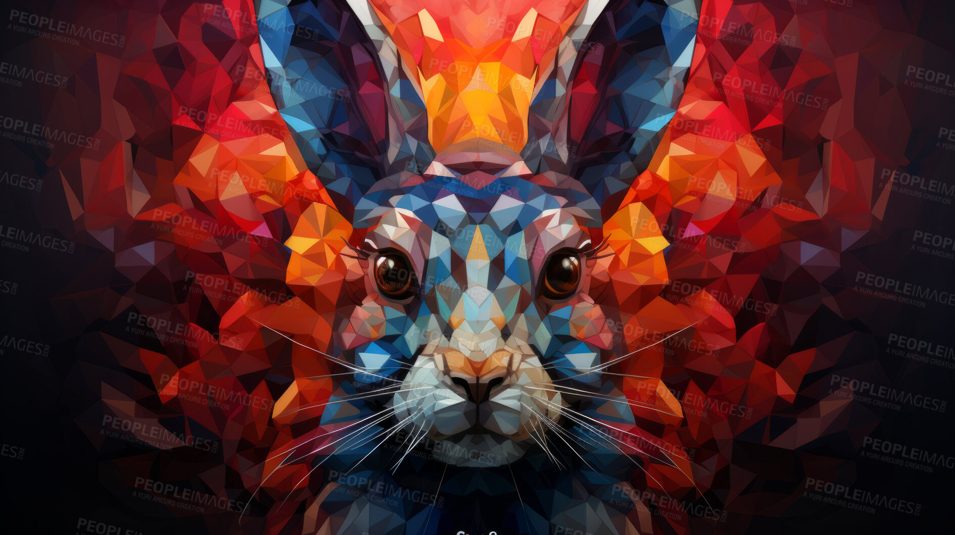 Buy stock photo Multicolor geometric illustration of a rabbit. Colourful poly graphic on black background.