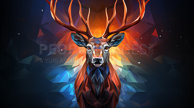 Multicolor geometric illustration of a reindeer. Colourful poly graphic on black background.