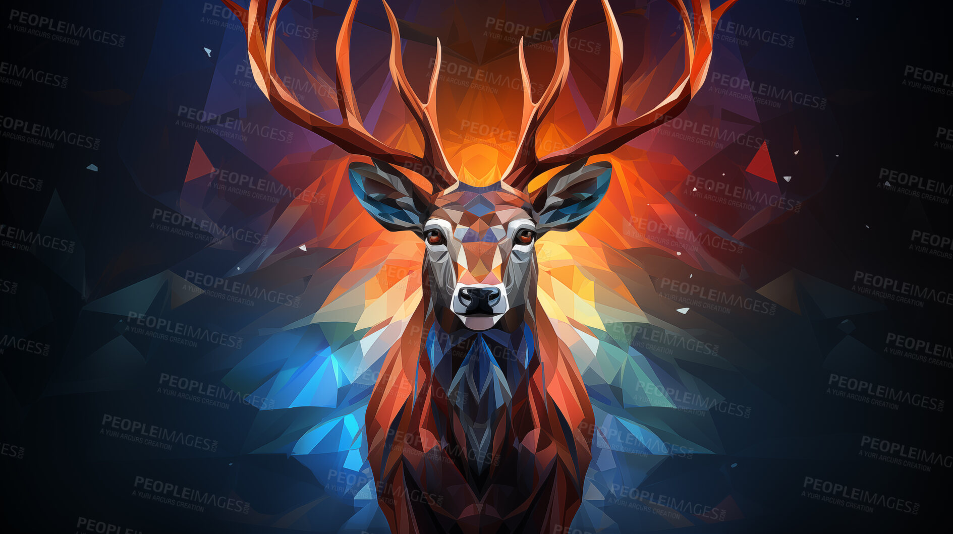 Buy stock photo Multicolor geometric illustration of a reindeer. Colourful poly graphic on black background.