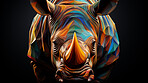 Multicolor geometric illustration of a Rhino. Colourful poly graphic on black background.