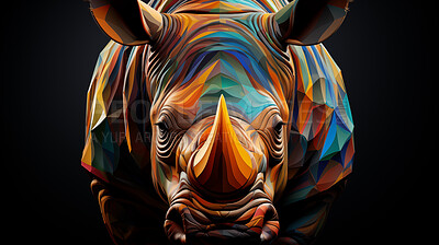 Multicolor geometric illustration of a Rhino. Colourful poly graphic on black background.