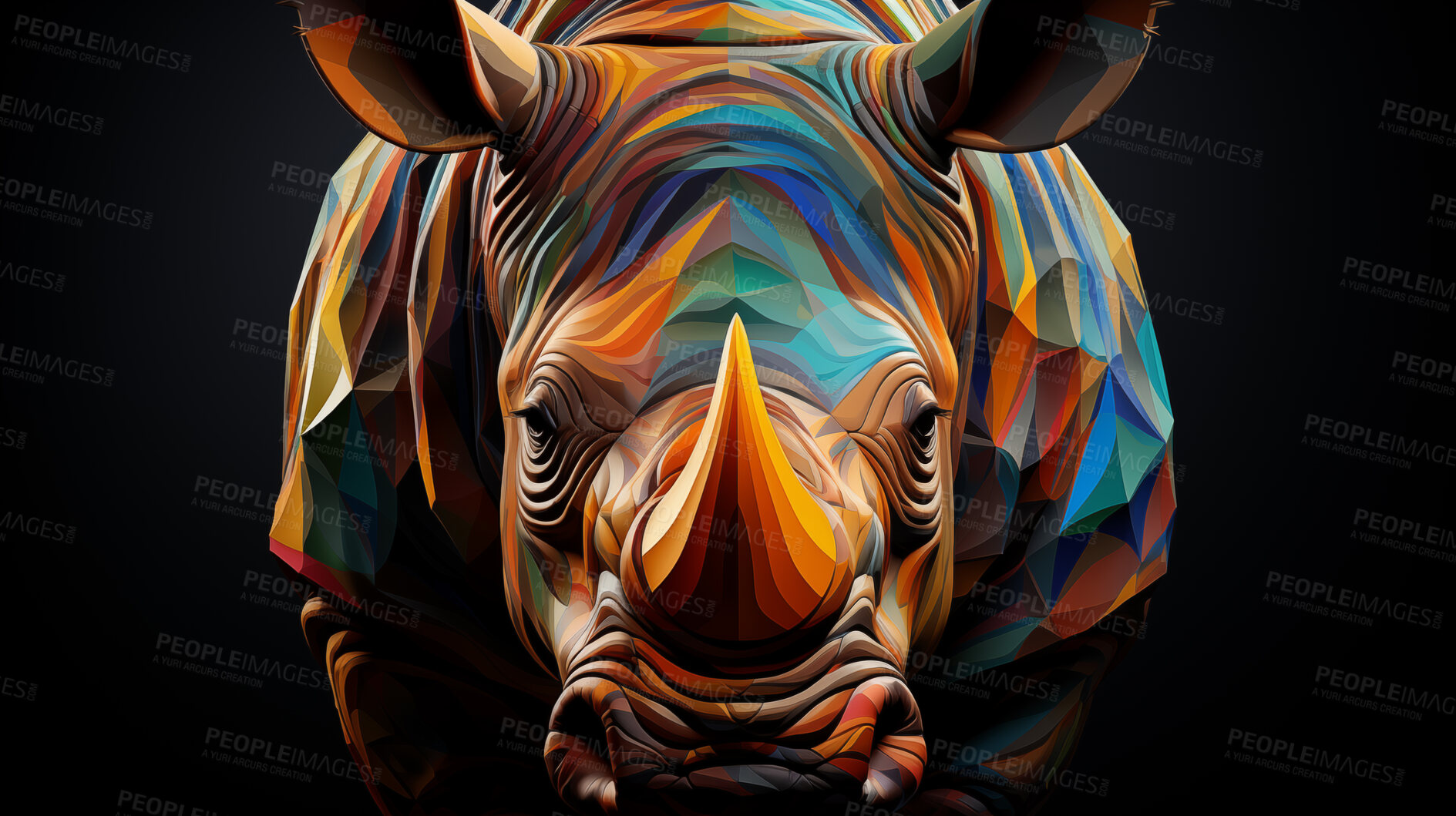 Buy stock photo Multicolor geometric illustration of a Rhino. Colourful poly graphic on black background.