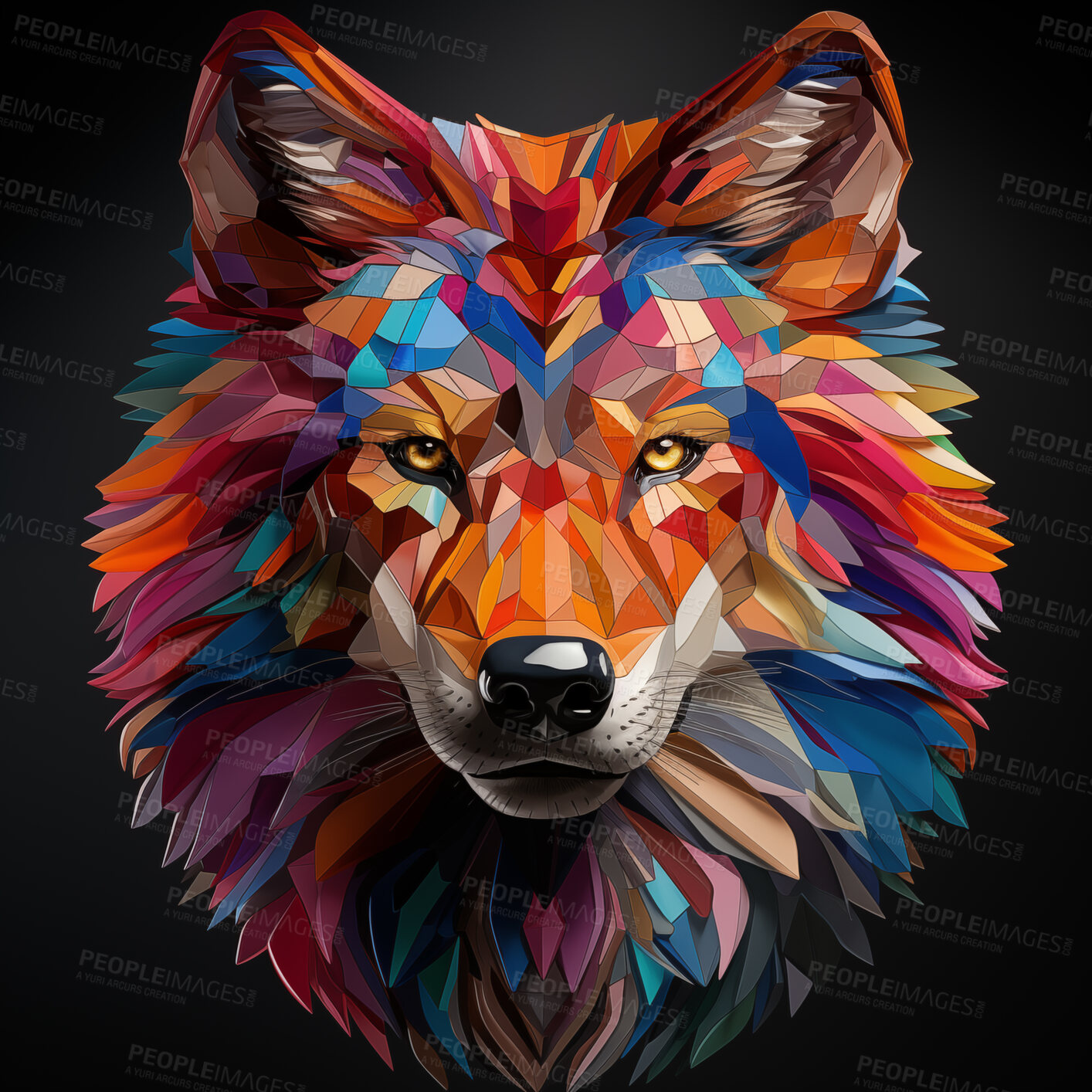 Buy stock photo Multicolor geometric shape  illustration of wolf. Colourful poly graphic on black background.