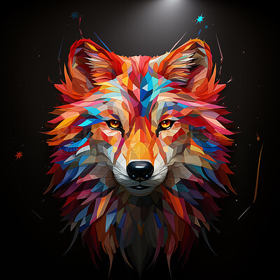 Multicolor geometric shape illustration of wolf. Colourful poly graphic on black background.