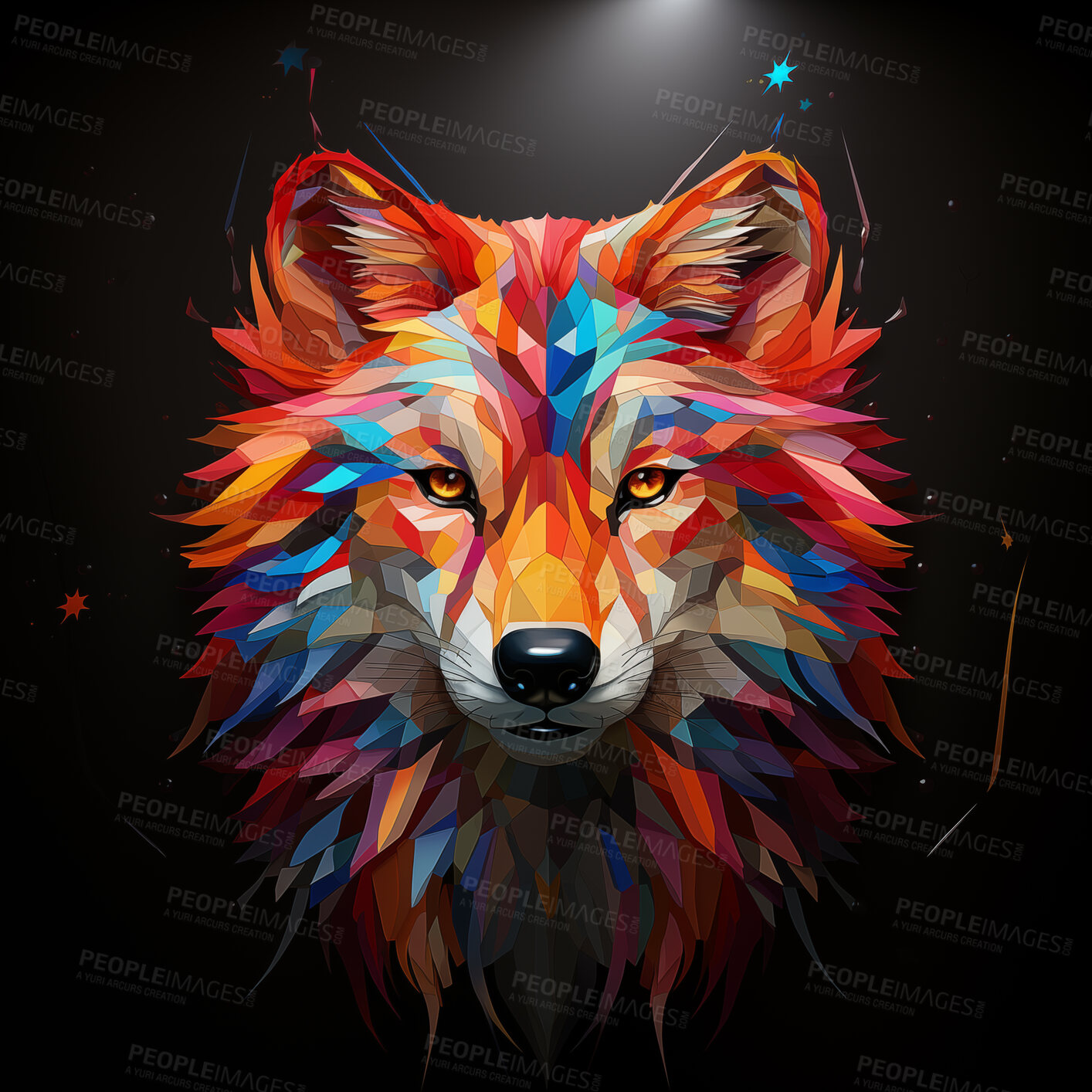 Buy stock photo Multicolor geometric shape  illustration of wolf. Colourful poly graphic on black background.