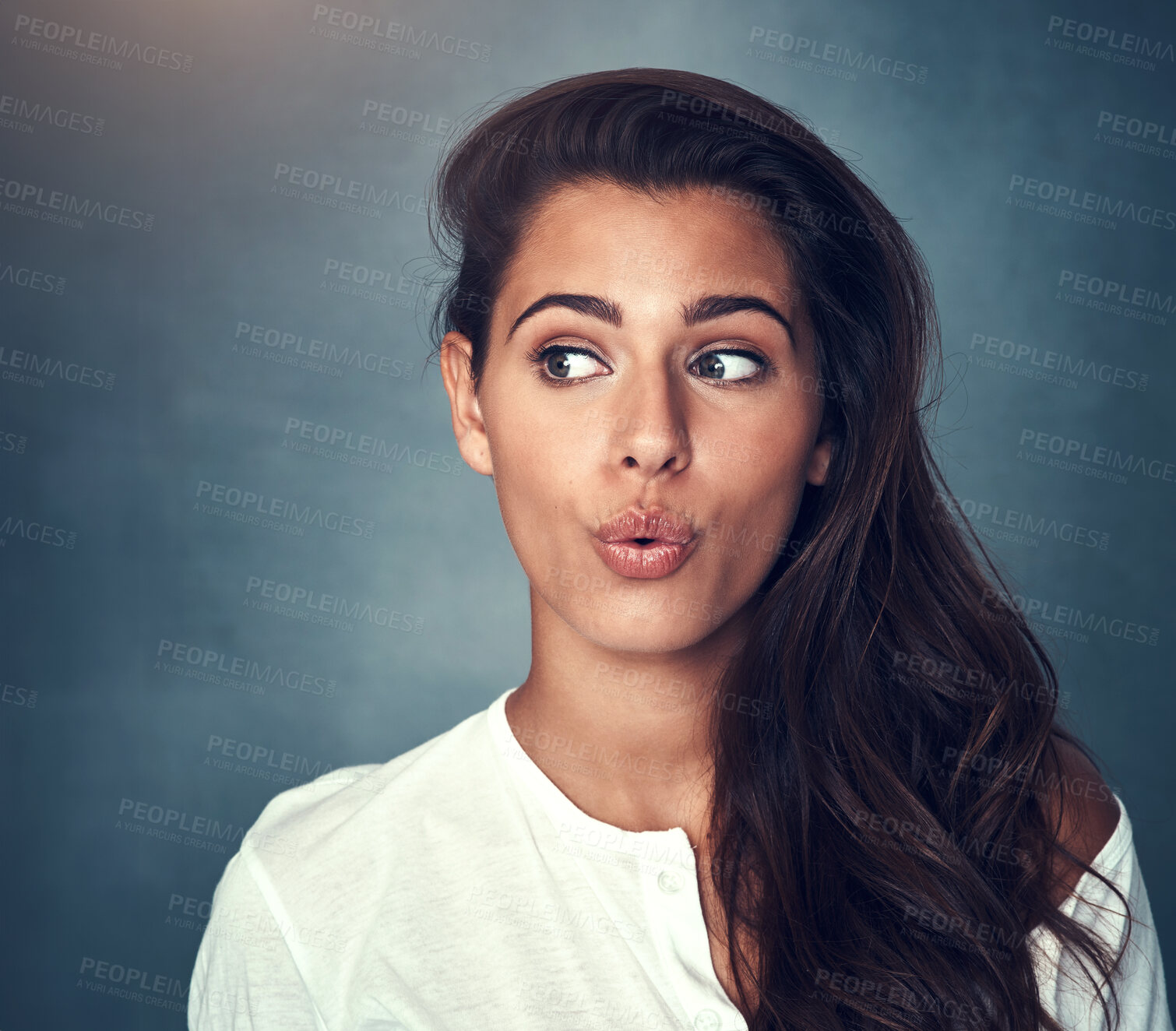 Buy stock photo Woman, funny face and fashion in studio, pose and mockup by background, stylish and cool clothing. Female person, pout and beauty or cosmetics, emoji and trendy in aesthetic, goofy and silly by space