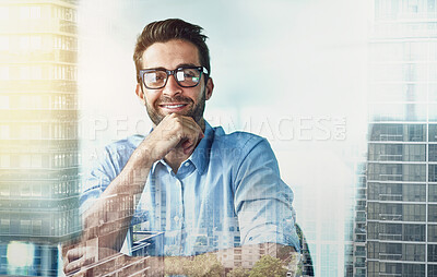 Buy stock photo Multiple exposure shot of a mature businessman sitting at his office desk superimposed over a cityscape