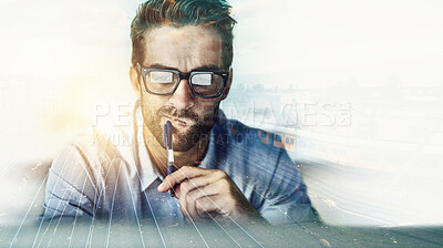 Buy stock photo Multiple exposure shot of a mature businessman problem solving on a computer superimposed over a cityscape