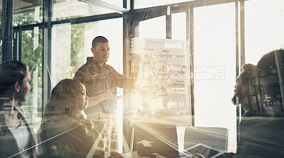 Buy stock photo Multiple exposure shot of a group of businesspeople having a meeting in an office superimposed over a cityscape