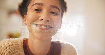 Buy stock photo Happy, smile and face of a woman at her home with a sweet, positive and confident personality. Happiness, excited and headshot portrait of a calm young female person alone in her modern apartment.