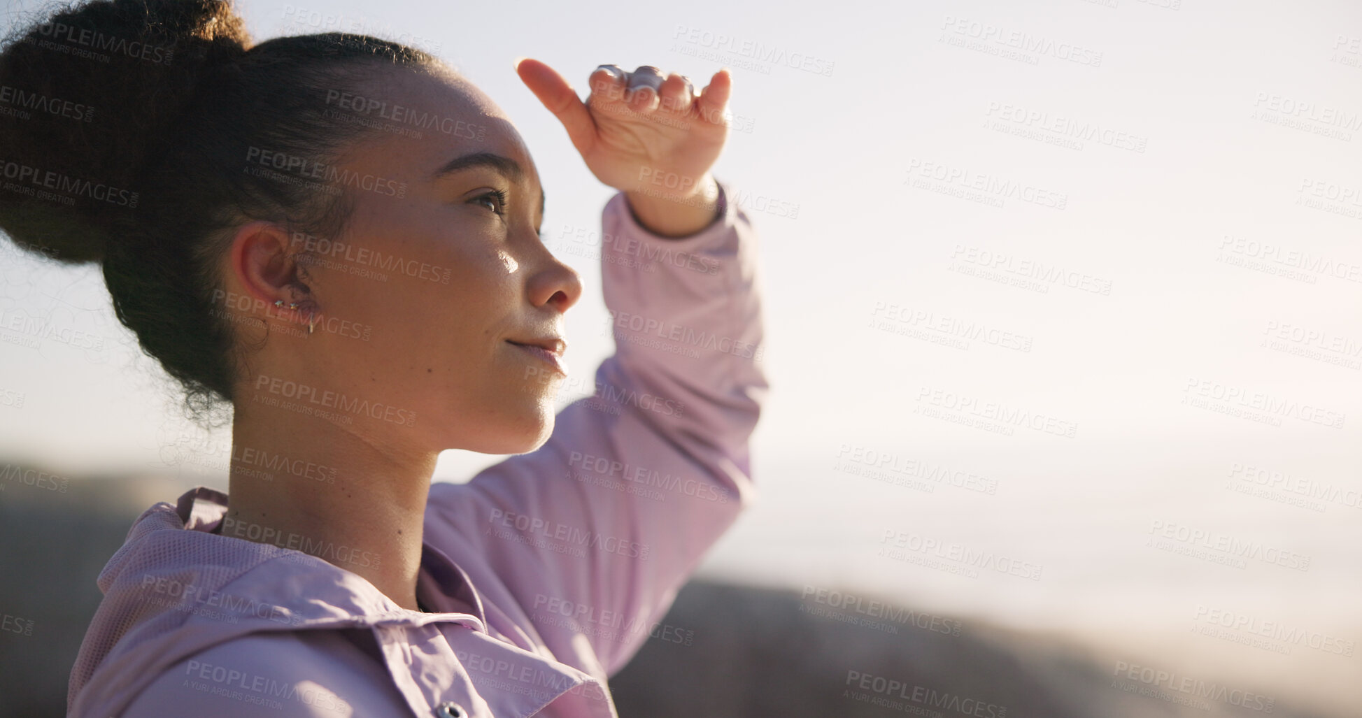 Buy stock photo Beach, thinking and woman with smile, view and summer vacation with peace, calm and lens flare. Person, seaside holiday and happy girl looking, sun and freedom with ocean, relax and tropical island